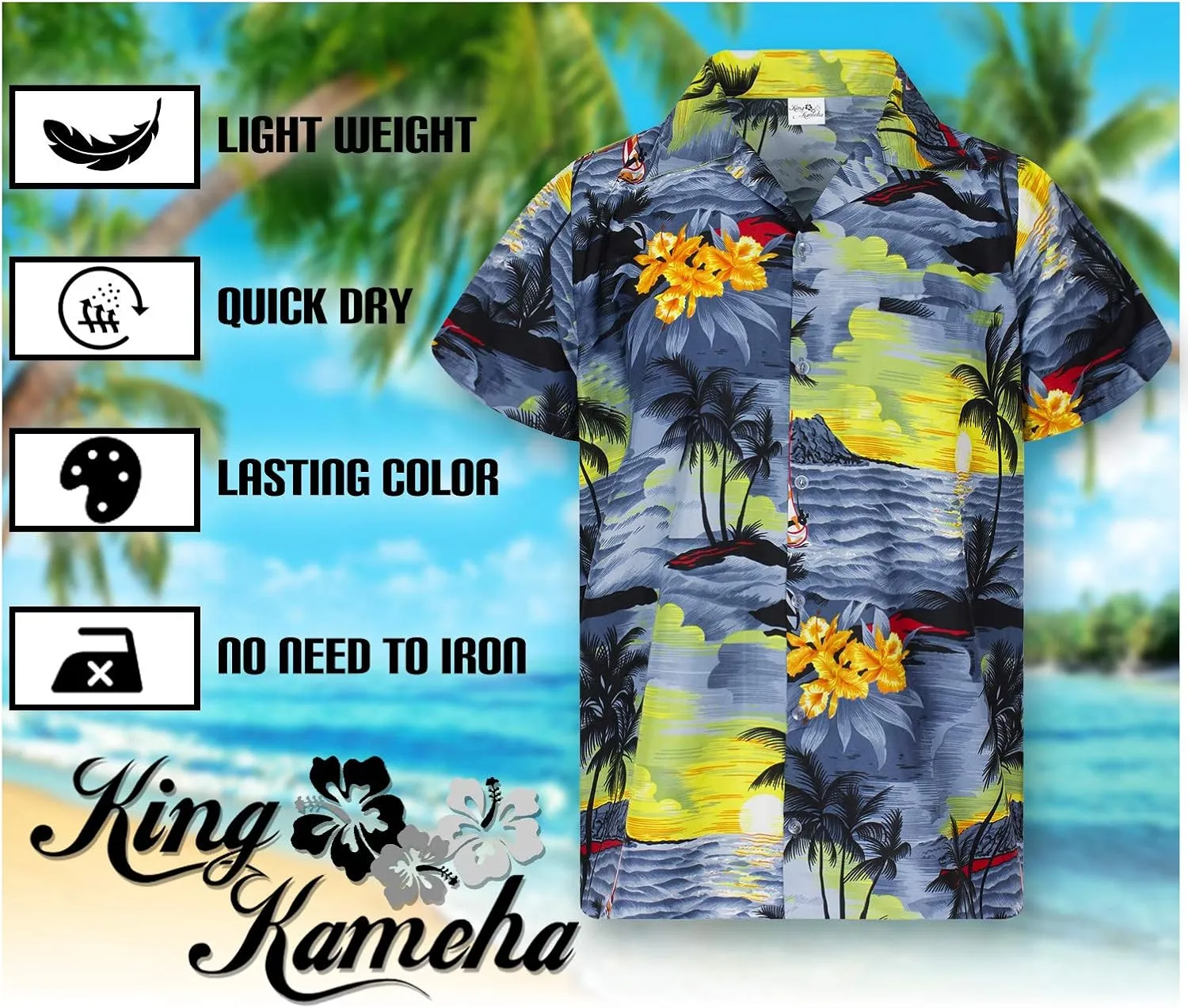 Men's Surfing-Shirt Short-Sleeve Casual-Button-Down Hawaii-Vacation Palms Sunset