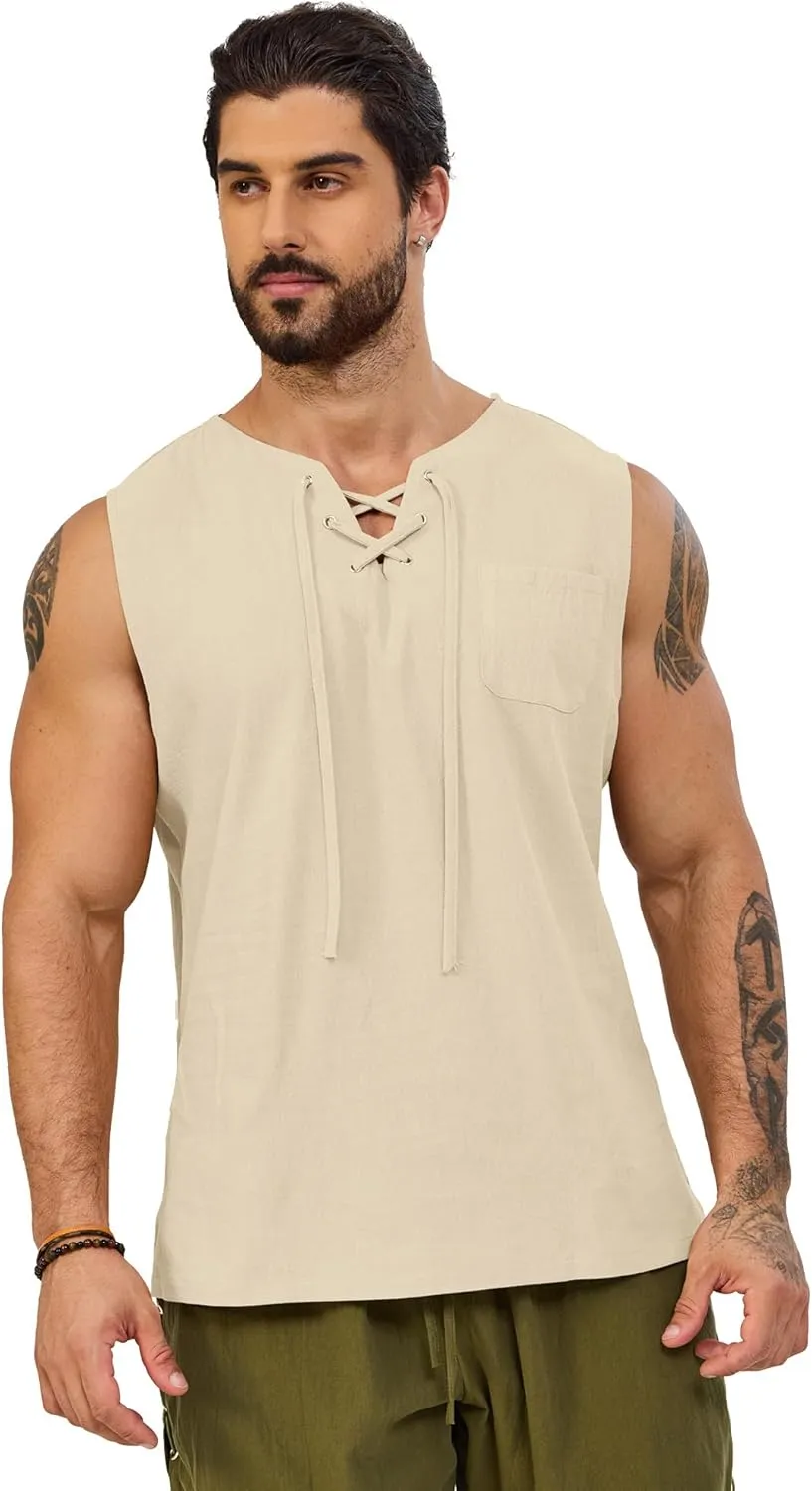 Mens Tank Tops Sleeveless Shirts, Viking Pirate Costumes Medieval Renaissance Gothic Vest Cotton Cosplay Outfits