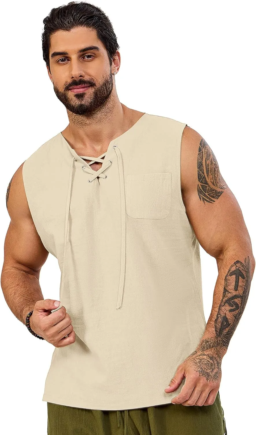 Mens Tank Tops Sleeveless Shirts, Viking Pirate Costumes Medieval Renaissance Gothic Vest Cotton Cosplay Outfits