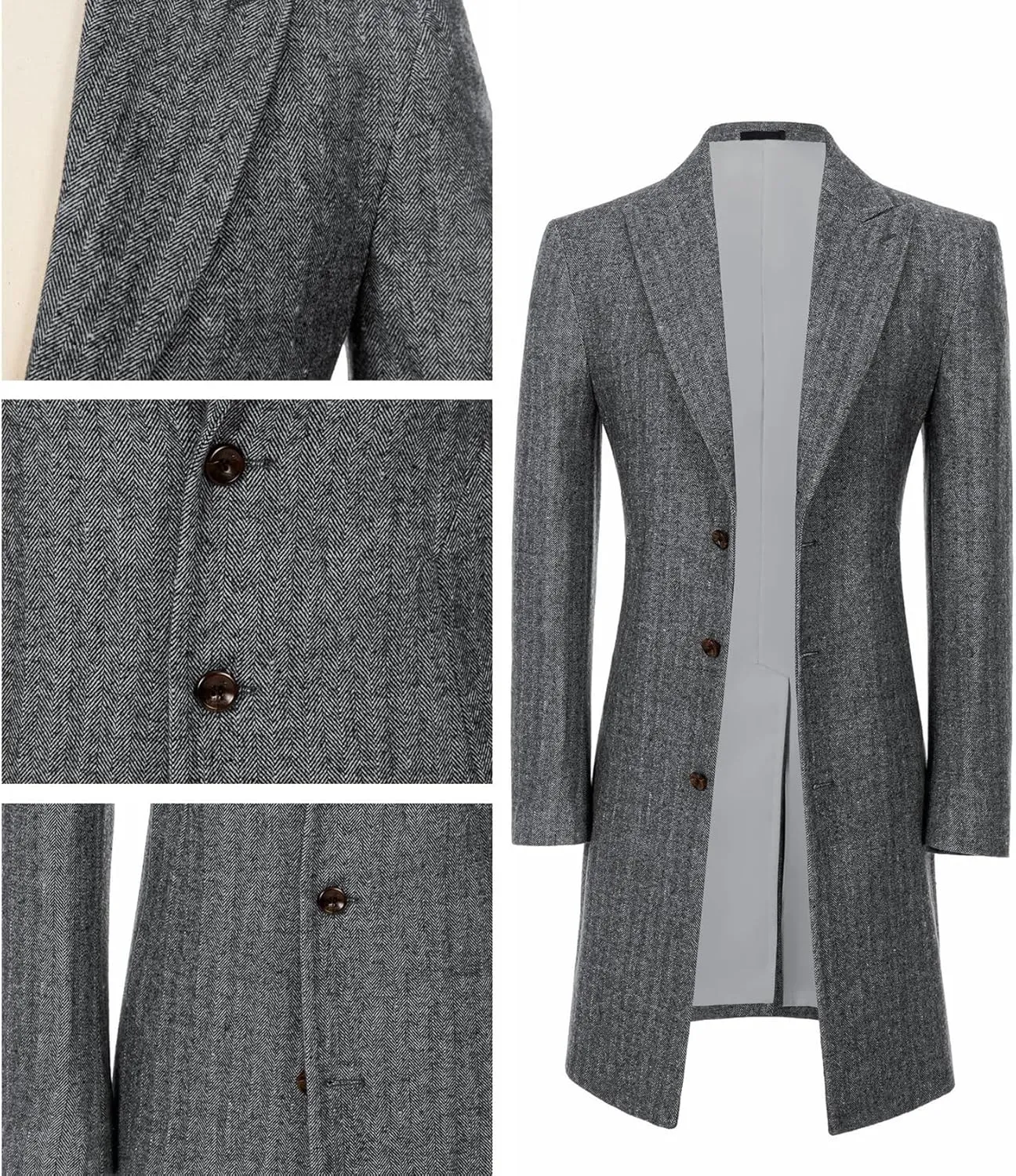 Mens Trench Coat Herringbone Wool Peak Lapel Single Breasted Long Slim Fit Pea Coat Business Suit Jacket for Men