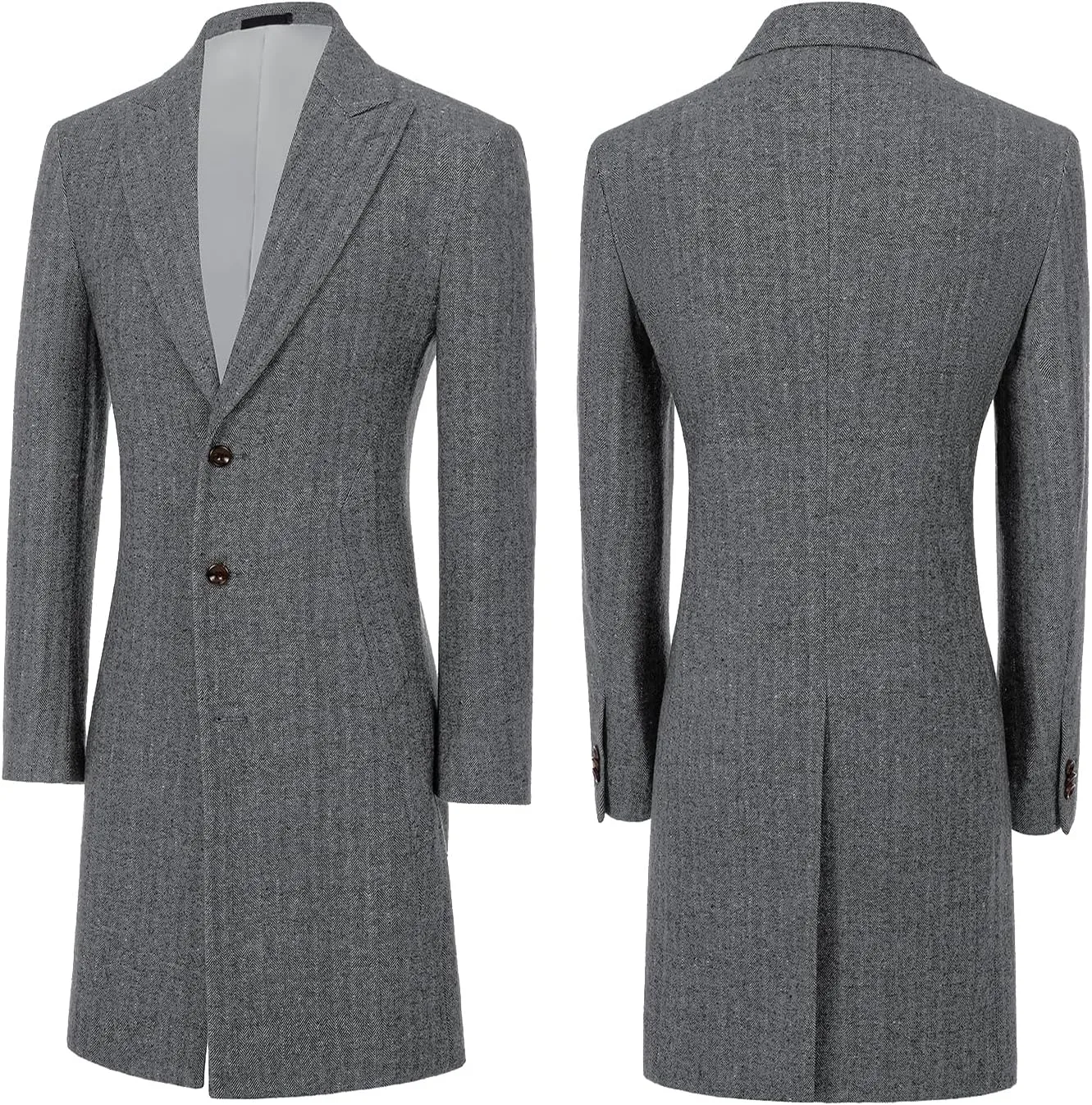 Mens Trench Coat Herringbone Wool Peak Lapel Single Breasted Long Slim Fit Pea Coat Business Suit Jacket for Men