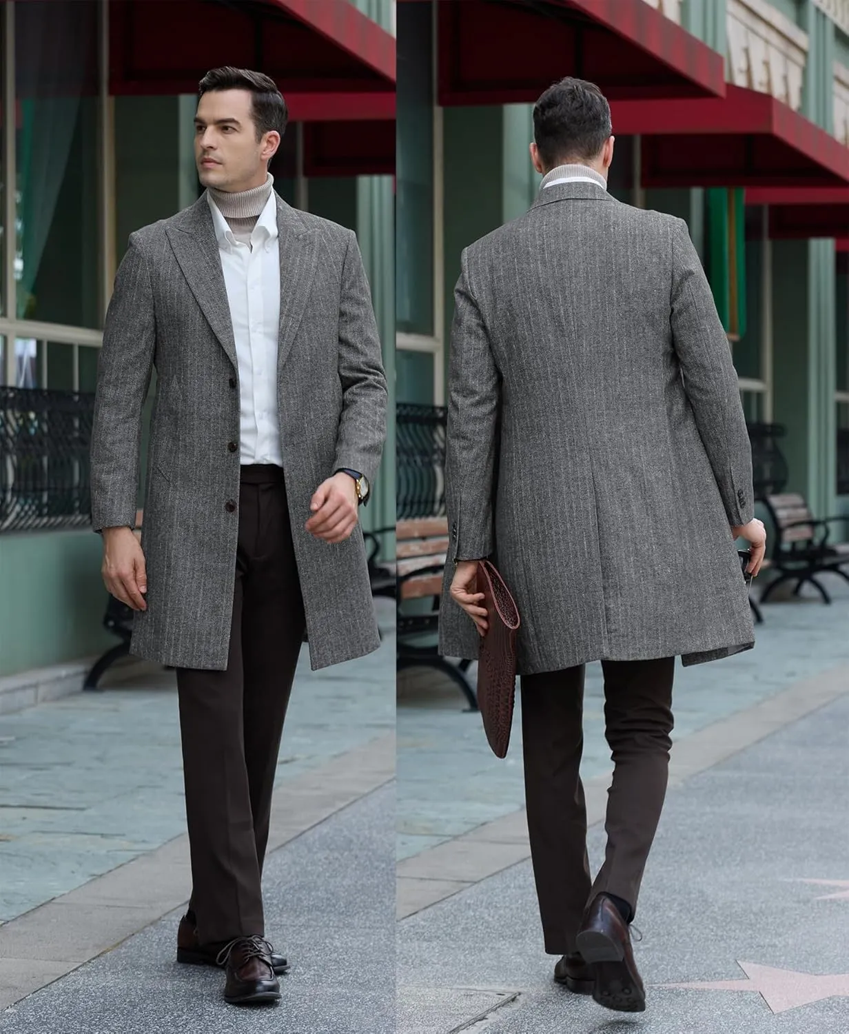 Mens Trench Coat Herringbone Wool Peak Lapel Single Breasted Long Slim Fit Pea Coat Business Suit Jacket for Men