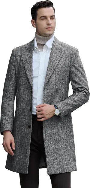 Mens Trench Coat Herringbone Wool Peak Lapel Single Breasted Long Slim Fit Pea Coat Business Suit Jacket for Men