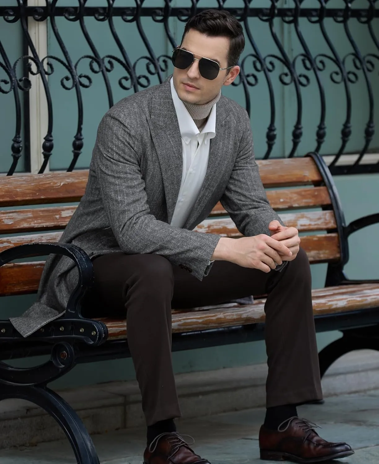 Mens Trench Coat Herringbone Wool Peak Lapel Single Breasted Long Slim Fit Pea Coat Business Suit Jacket for Men