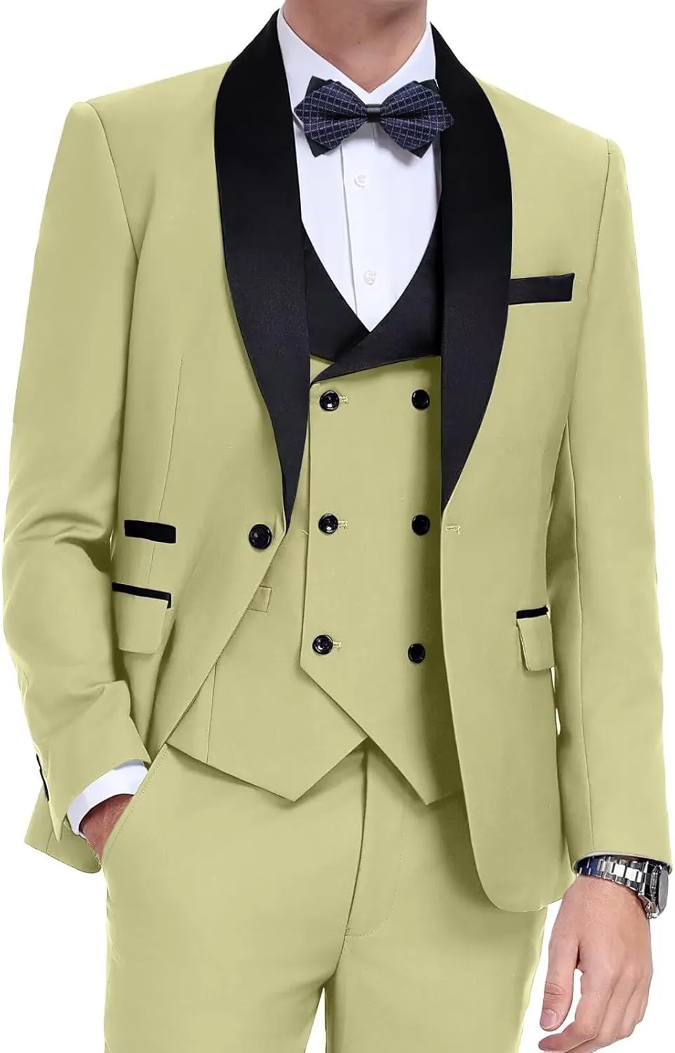 Men's Tuxedo 3 Piece Slim Fit Suit One Button Shawl Lapel Blazer Wedding Prom Jacket Double Breaste Vest Pants