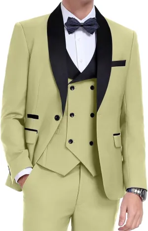 Men's Tuxedo 3 Piece Slim Fit Suit One Button Shawl Lapel Blazer Wedding Prom Jacket Double Breaste Vest Pants
