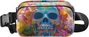 Mexican Floral Skull Fanny Pack Water Resistant Waist Pack Sling Bag Purse for Women Men Travel Hiking