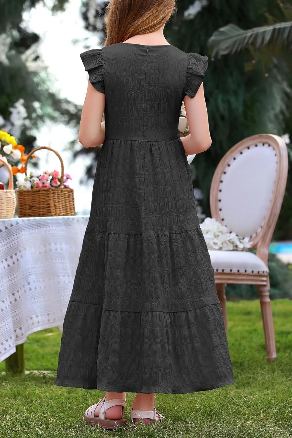 MITILLY Girls Summer Maxi Dress Cute Ruffle Short Sleeve A Line Flowy Casual Party Dresses with Pockets 6-13 Years