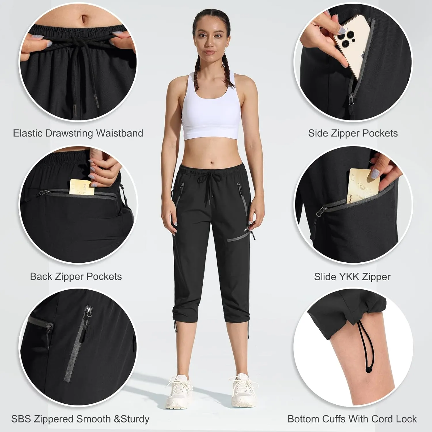 MOCOLY Women's Cargo Hiking Pants Elastic Waist Quick Dry Lightweight Outdoor Water Resistant UPF 50  Long Pants Zipper
