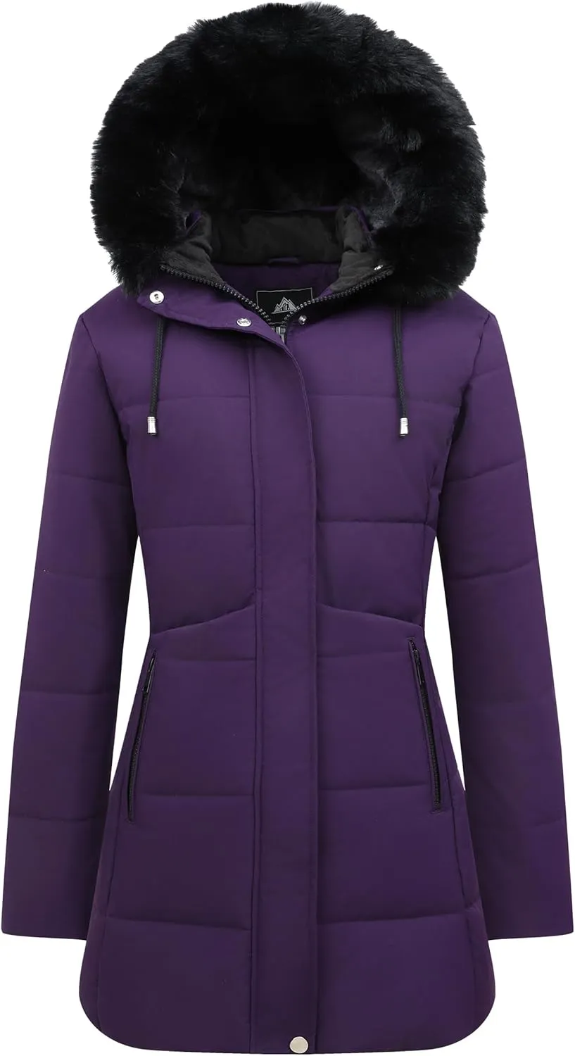 MOERDENG Women's Winter Puffer Coat Thicken Fleece Lined Down Jacket Waterproof Faux Fur Detachable Hooded Parka