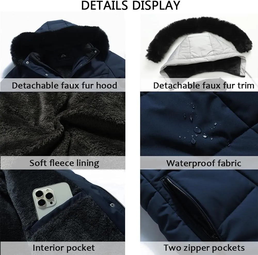 MOERDENG Women's Winter Puffer Coat Thicken Fleece Lined Down Jacket Waterproof Faux Fur Detachable Hooded Parka