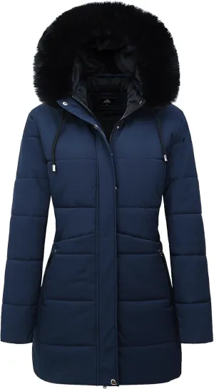 MOERDENG Women's Winter Puffer Coat Thicken Fleece Lined Down Jacket Waterproof Faux Fur Detachable Hooded Parka