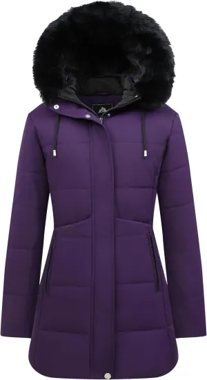 MOERDENG Women's Winter Puffer Coat Thicken Fleece Lined Down Jacket Waterproof Faux Fur Detachable Hooded Parka