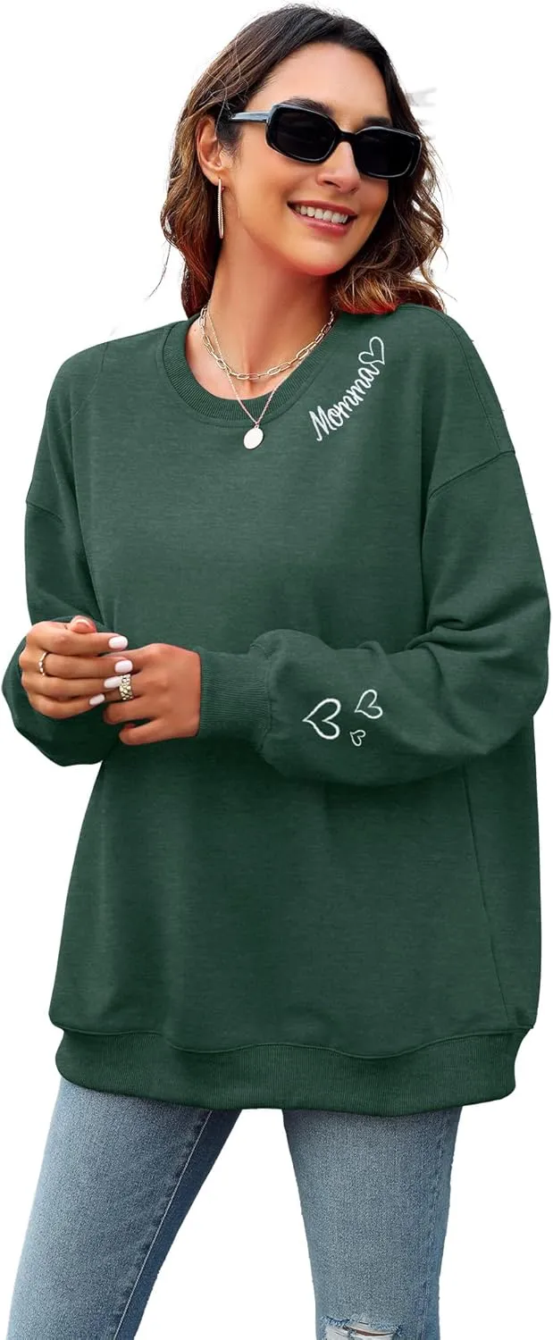 MYHALF Women Mama Oversized Crewneck Sweatshirt: Momma Embroidered Shirt Funny Mom Letter Print Long Sleeve Pullover Tops