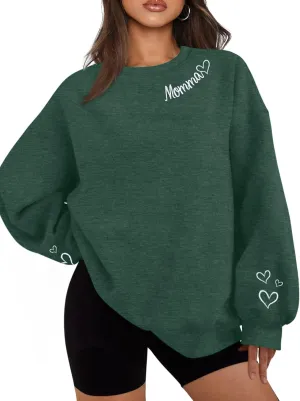 MYHALF Women Mama Oversized Crewneck Sweatshirt: Momma Embroidered Shirt Funny Mom Letter Print Long Sleeve Pullover Tops