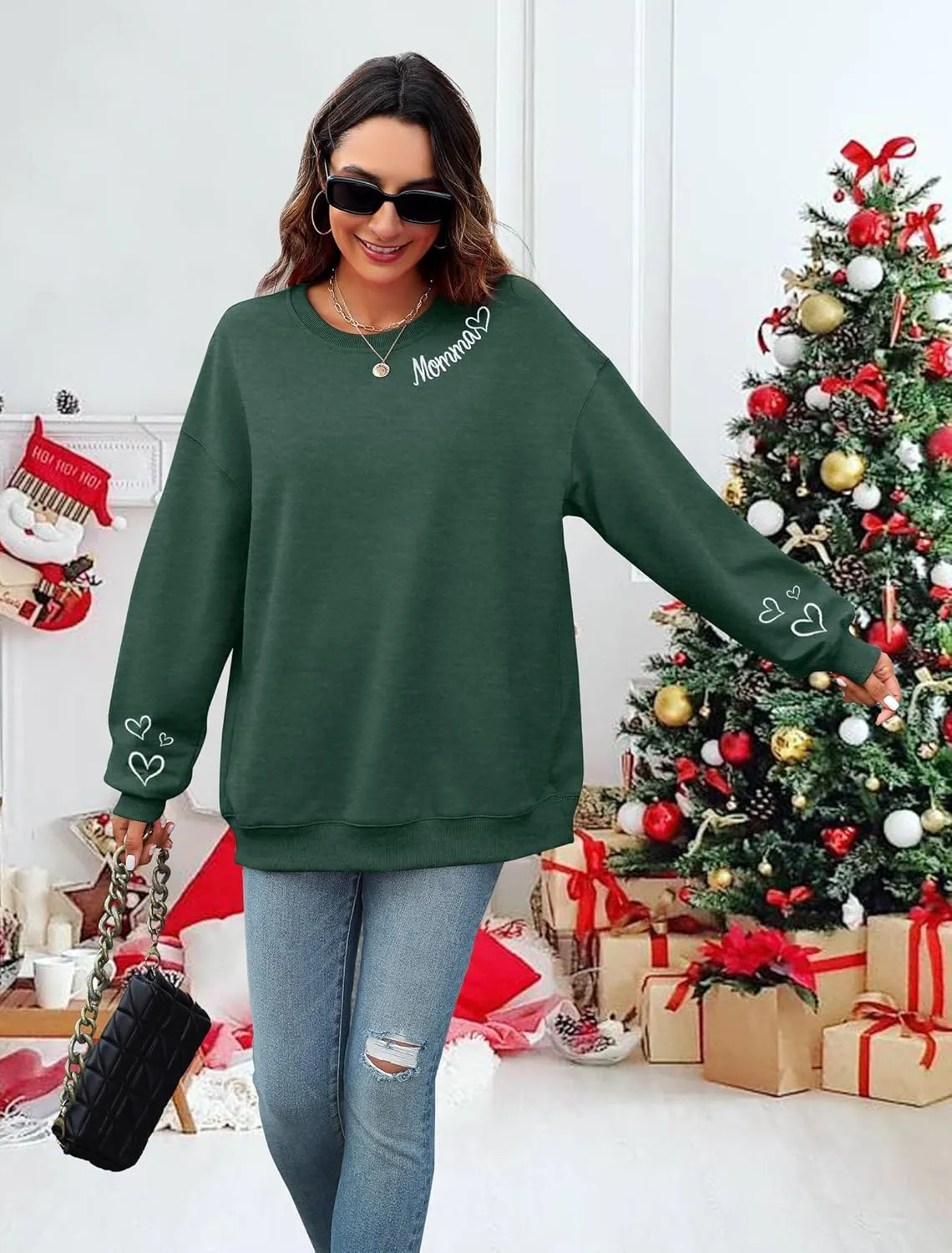 MYHALF Women Mama Oversized Crewneck Sweatshirt: Momma Embroidered Shirt Funny Mom Letter Print Long Sleeve Pullover Tops