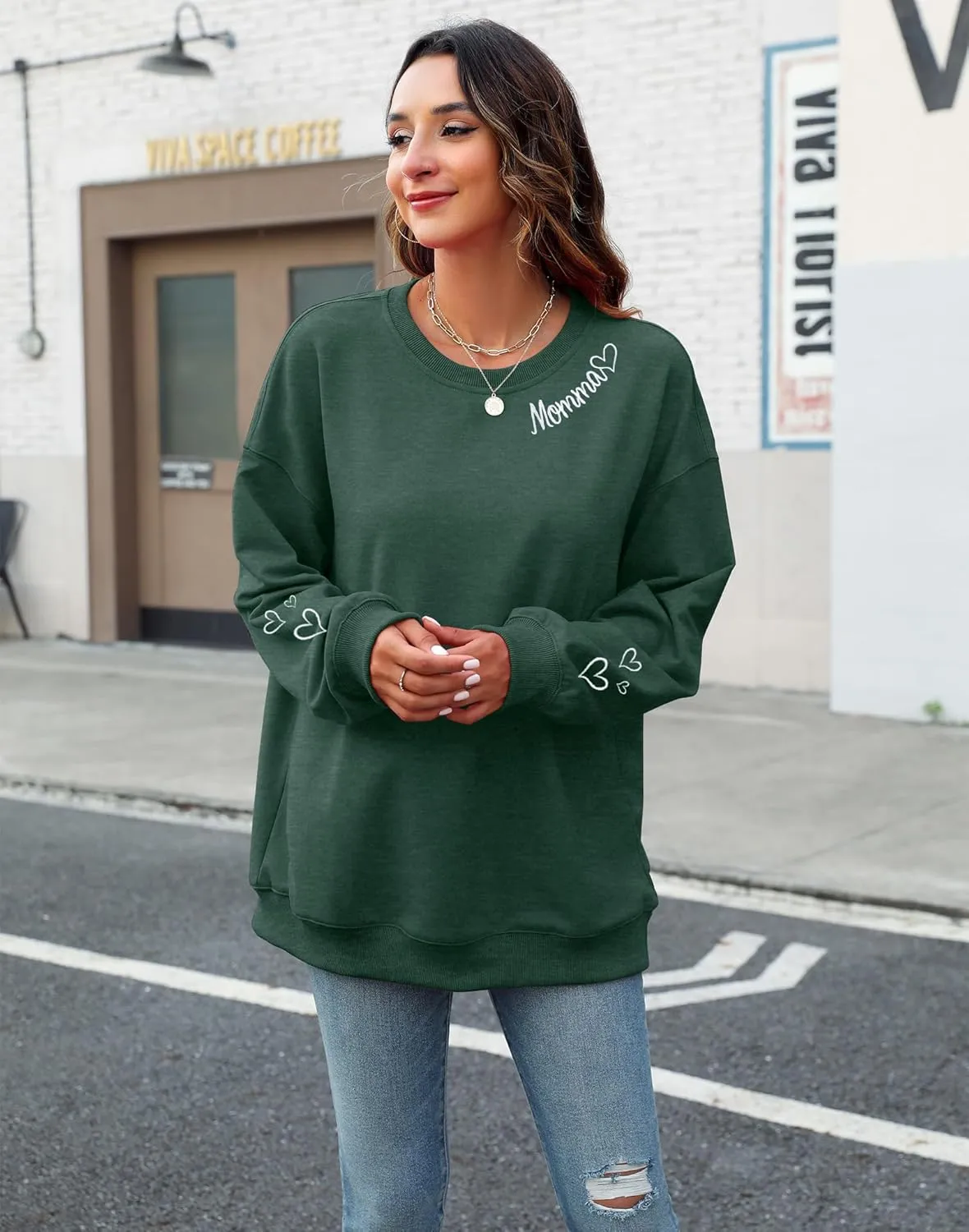 MYHALF Women Mama Oversized Crewneck Sweatshirt: Momma Embroidered Shirt Funny Mom Letter Print Long Sleeve Pullover Tops