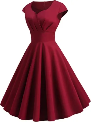 NaRHbrg Women's 1950s Vintage Dress Wrap V Neck Cap Sleeve Dress Retro Cocktail Party Swing Dresses A-Line Flared Midi Dress