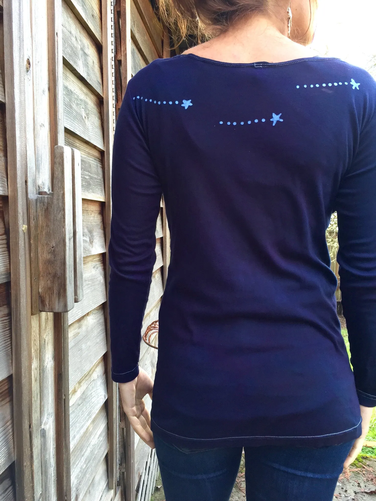 Navy Blue Center Moon & Triple Star Long Sleeve Batik Top - Size Medium
