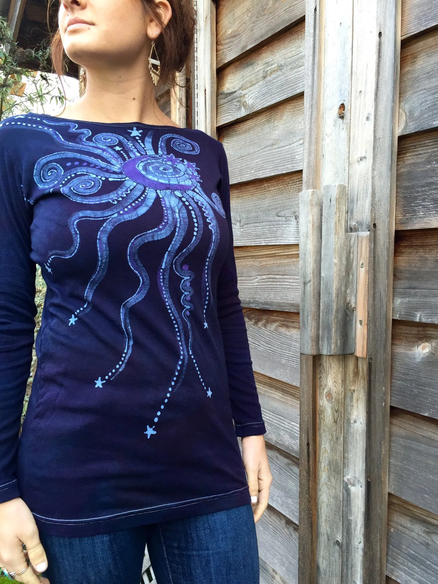 Navy Blue Center Moon & Triple Star Long Sleeve Batik Top - Size Medium