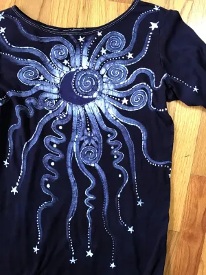 Navy Blue Center Moon & Triple Star Long Sleeve Batik Top - Size Medium