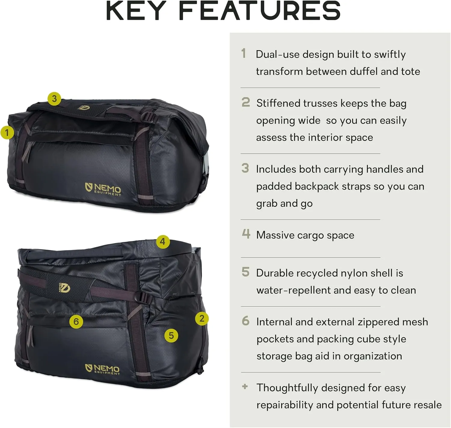 NEMO Equipment Double Haul Convertible Duffel & Tote Bag  Water-Resistant Gear Bag with Backpack Straps - 55L - Black