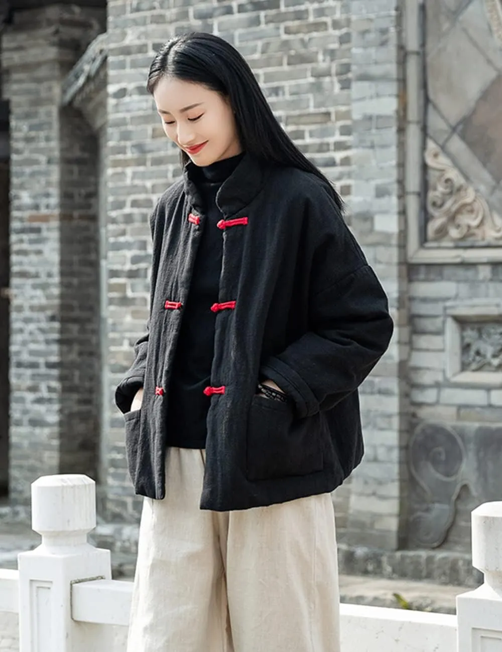 NFYM Women's Quilted Jacket Coat Outwear Stand Collar Buttons Down Tang Suit Jacket with High Low Pockets