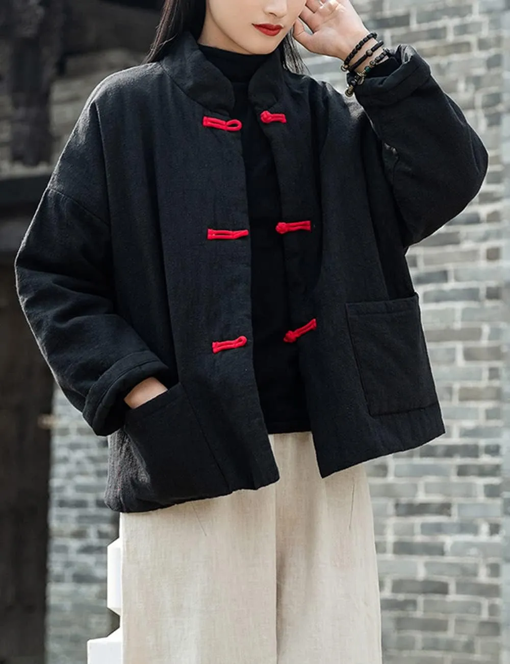NFYM Women's Quilted Jacket Coat Outwear Stand Collar Buttons Down Tang Suit Jacket with High Low Pockets