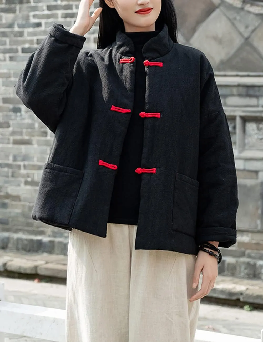 NFYM Women's Quilted Jacket Coat Outwear Stand Collar Buttons Down Tang Suit Jacket with High Low Pockets