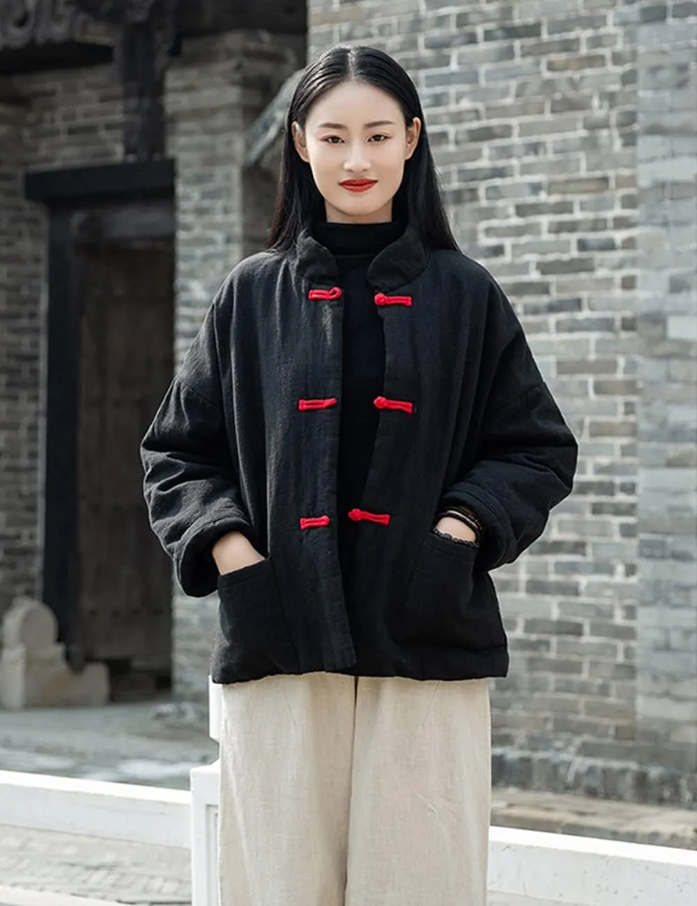 NFYM Women's Quilted Jacket Coat Outwear Stand Collar Buttons Down Tang Suit Jacket with High Low Pockets
