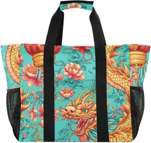 ODAWA Colorful Chinese Dragon Water-resistant Grocery Tote, Foldable Beach Bag Tote for Summer and Gym