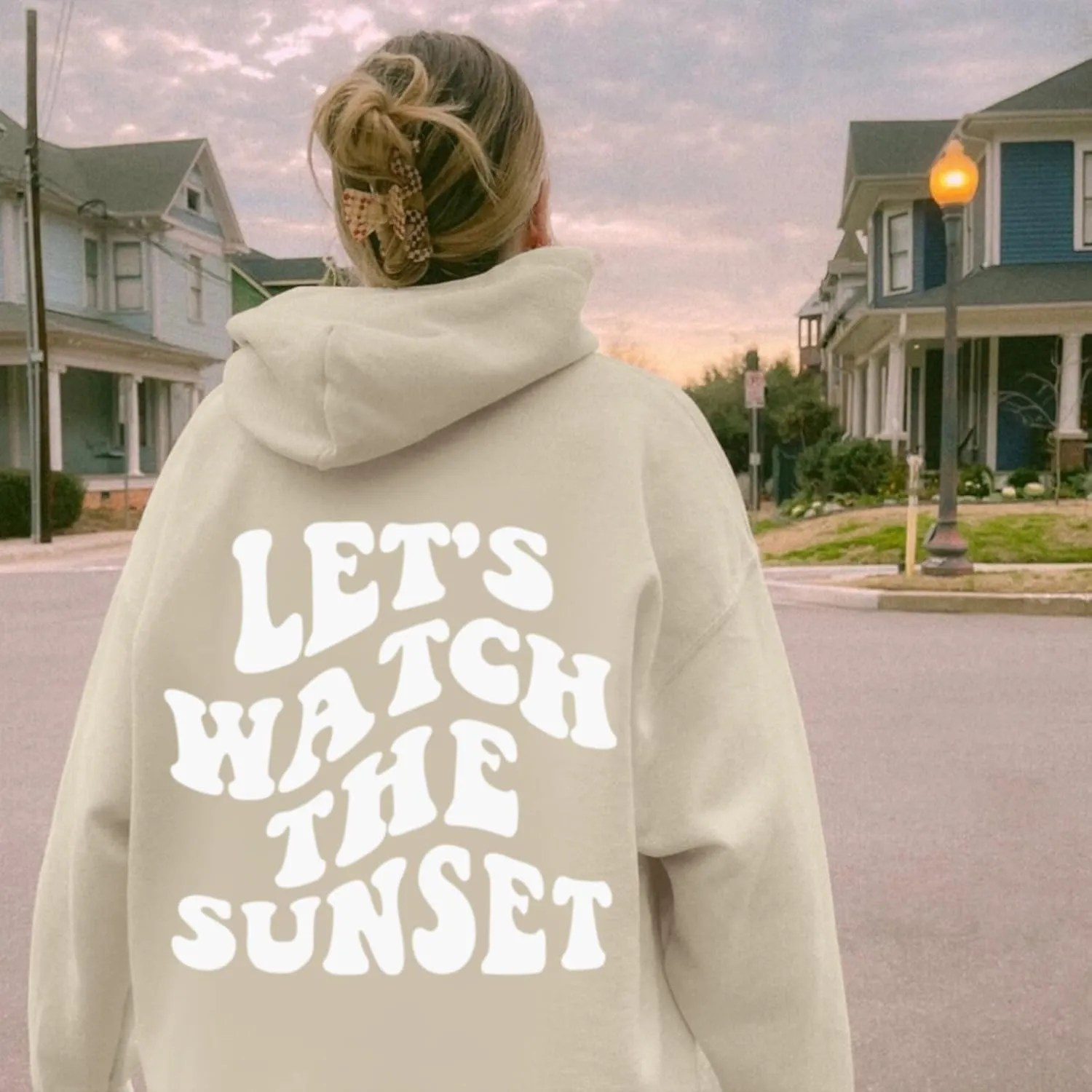 Oversized Cute Aesthetic Graphic Hoodies Sunset Letter Print Preppy Sweatshirt for Women Teen Girls Trendy Pullover