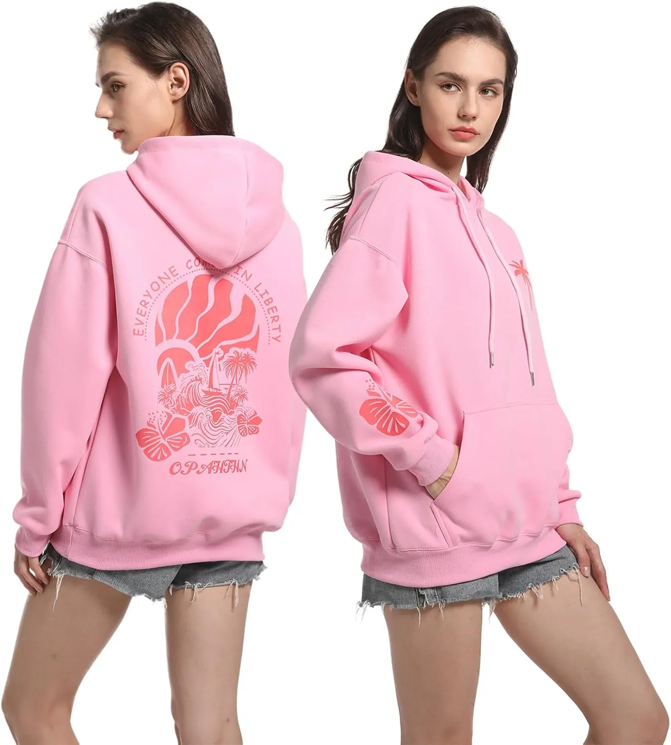 Oversized Preppy Sweatshirt,Printing Hibiscus Hoodies For Teen Girls,Pink Drawstring Pullover