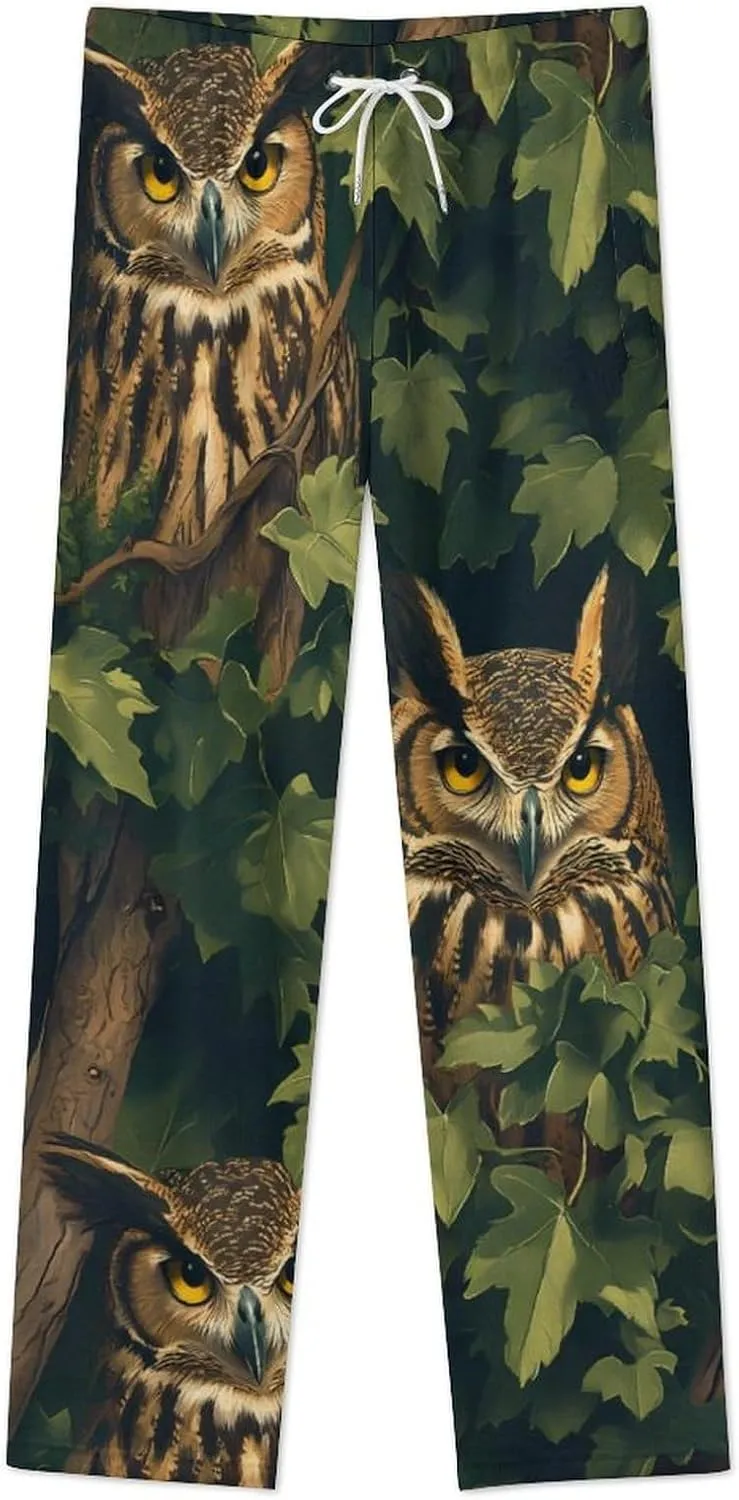 Owls in The Leaves Womens Flannel Pajama Pants Long Length Sleep Lounge Pants with Drawstring Belt Loungewear