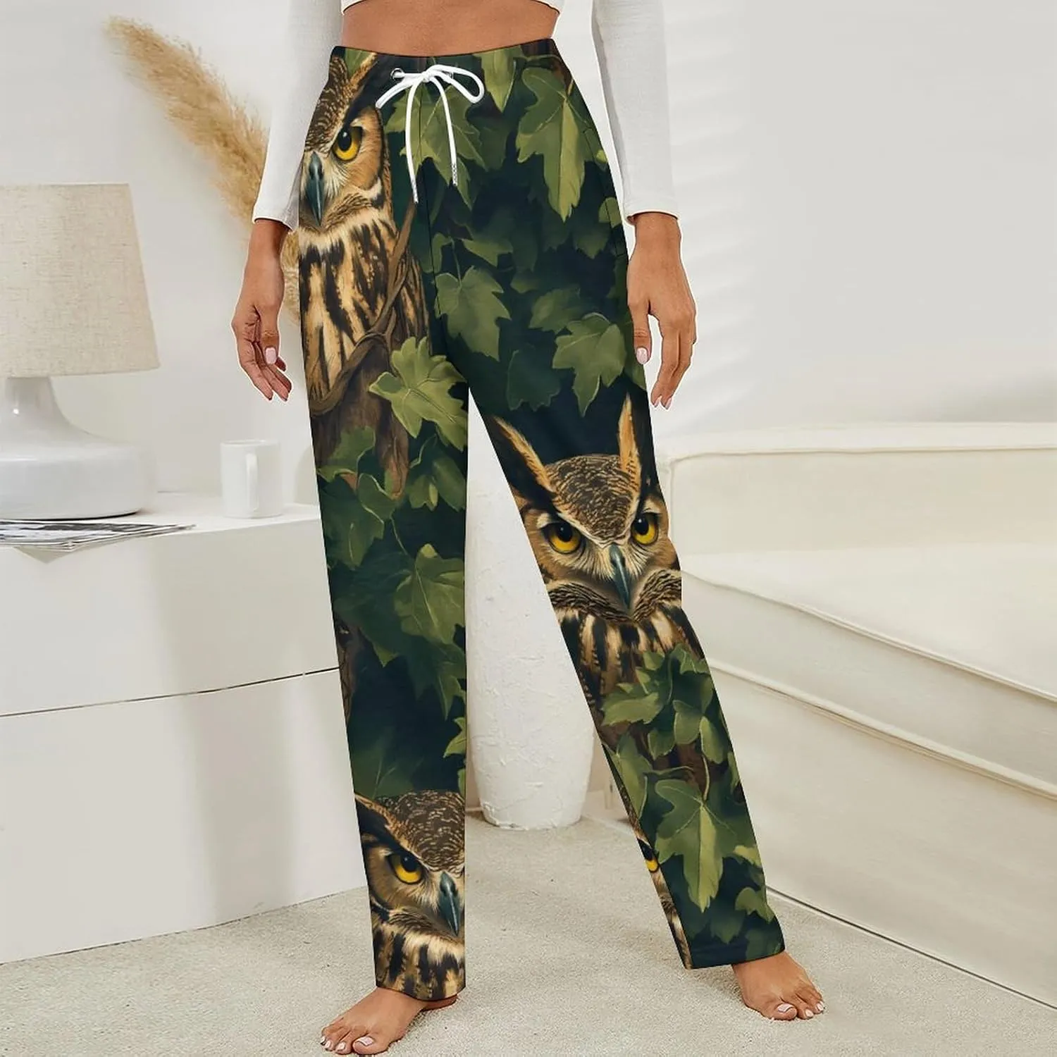 Owls in The Leaves Womens Flannel Pajama Pants Long Length Sleep Lounge Pants with Drawstring Belt Loungewear