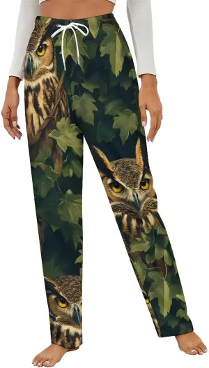 Owls in The Leaves Womens Flannel Pajama Pants Long Length Sleep Lounge Pants with Drawstring Belt Loungewear