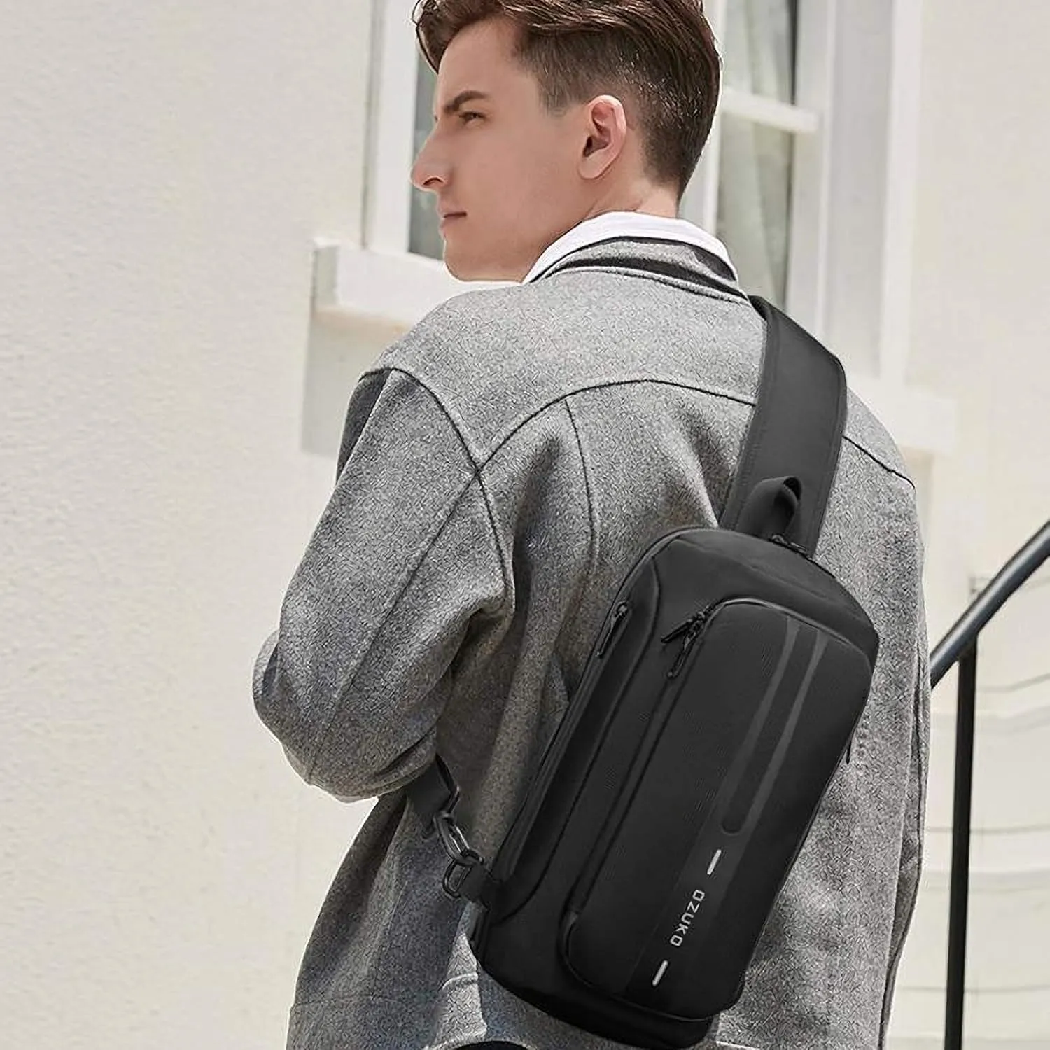 OZUKO Men Sling Backpack Nylon Water Resistant Shoulder Chest Crossbody Sling Bag with USB Charging Port Black (Black2)