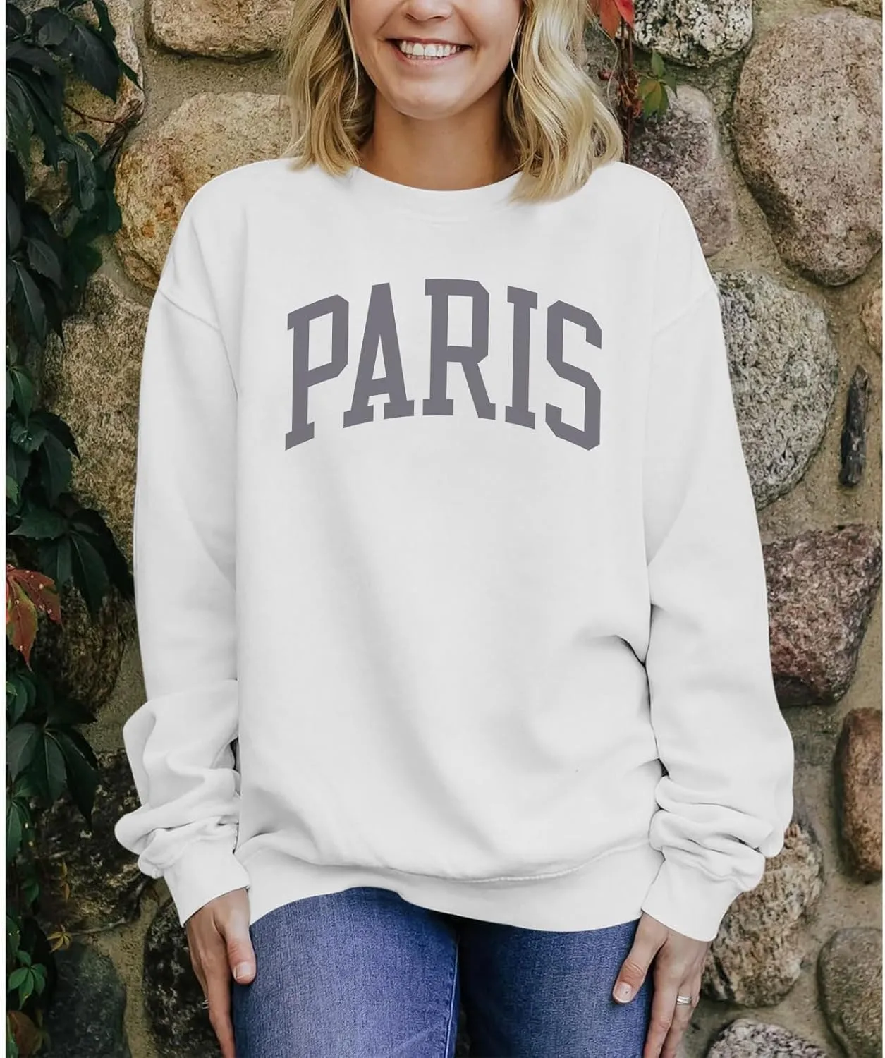 Paris France College Sweatshirt for Women Oversized Letter Graphic Preppy Shirts Crewneck Long Sleeve Pullover Tops