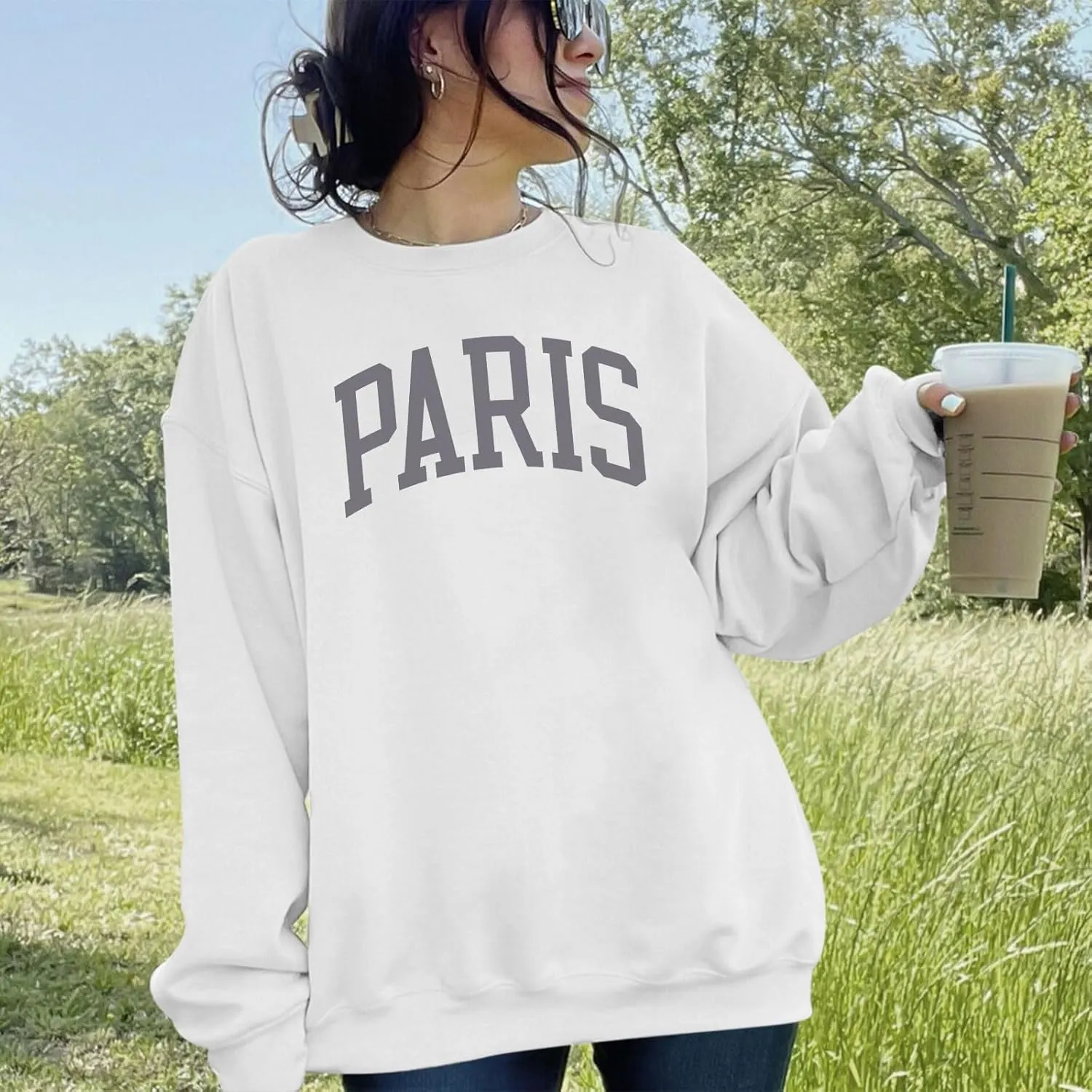 Paris France College Sweatshirt for Women Oversized Letter Graphic Preppy Shirts Crewneck Long Sleeve Pullover Tops