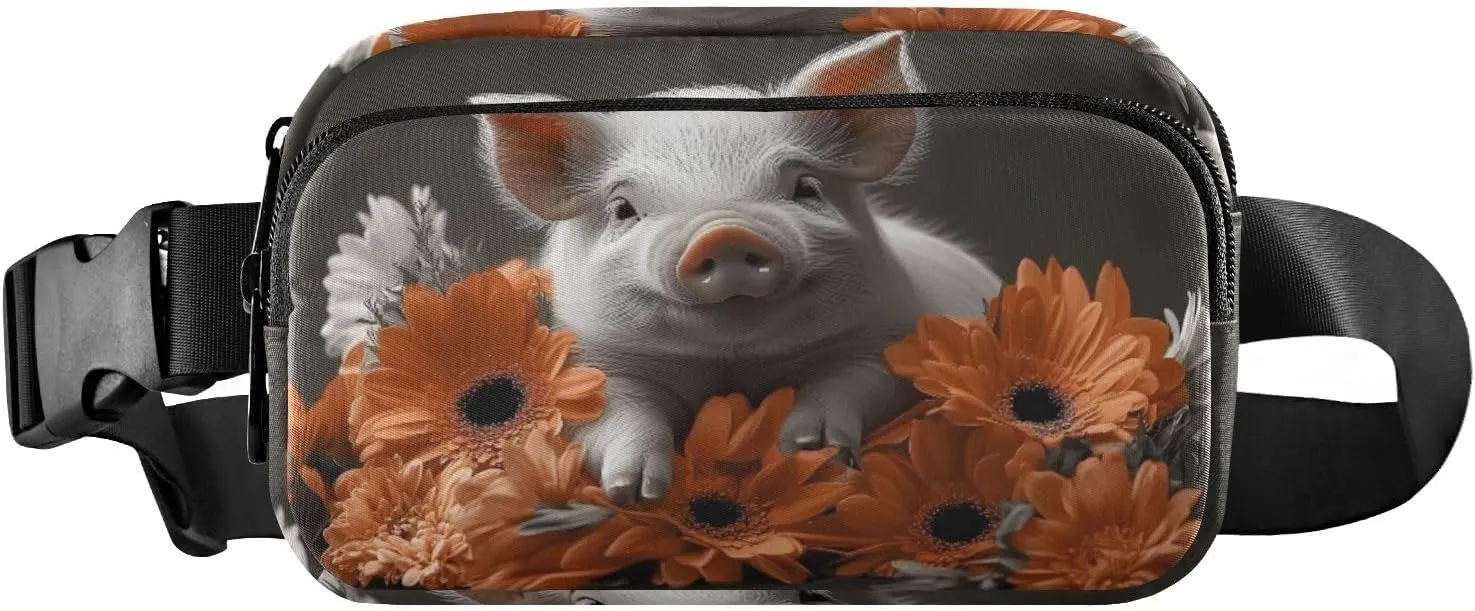 Pig with Floral Fanny Packs for Women Men, Water Resistant Waist Pack Sling Bag Purse for Travel Hiking
