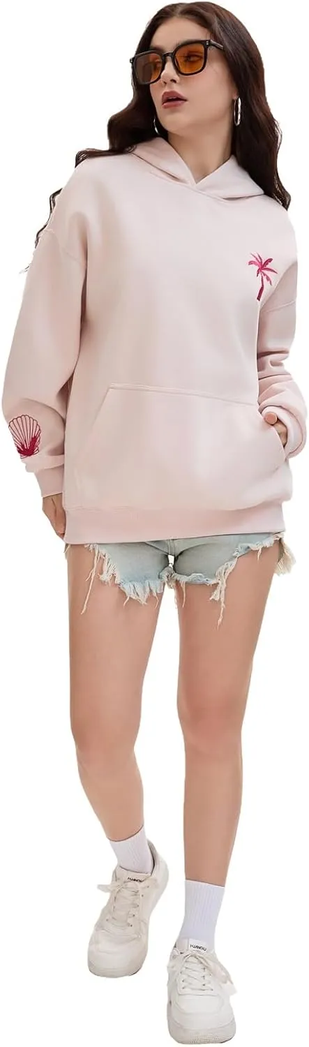 Pink Embroidered Palm Tree Hooded Sweatshirt Cute Girls Oversized Sweatshirt Hibiscus Flower Printed Cotton Top