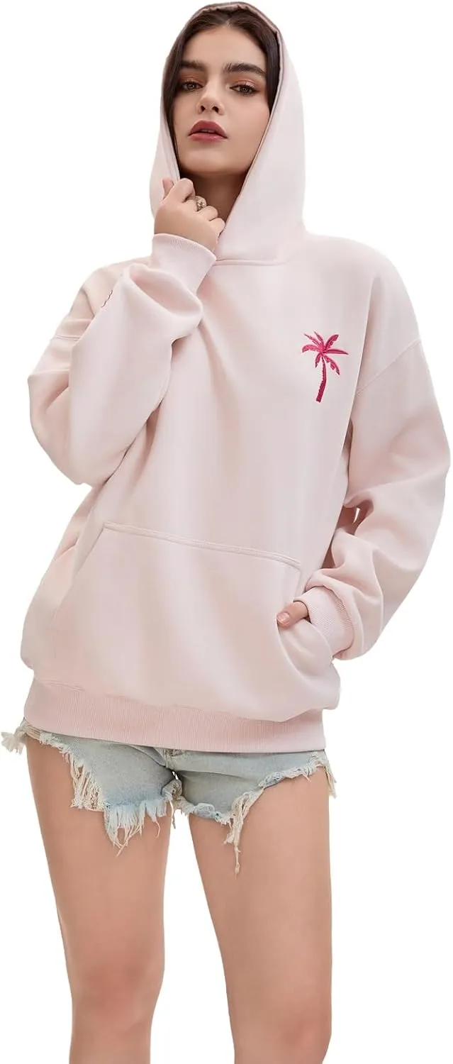Pink Embroidered Palm Tree Hooded Sweatshirt Cute Girls Oversized Sweatshirt Hibiscus Flower Printed Cotton Top