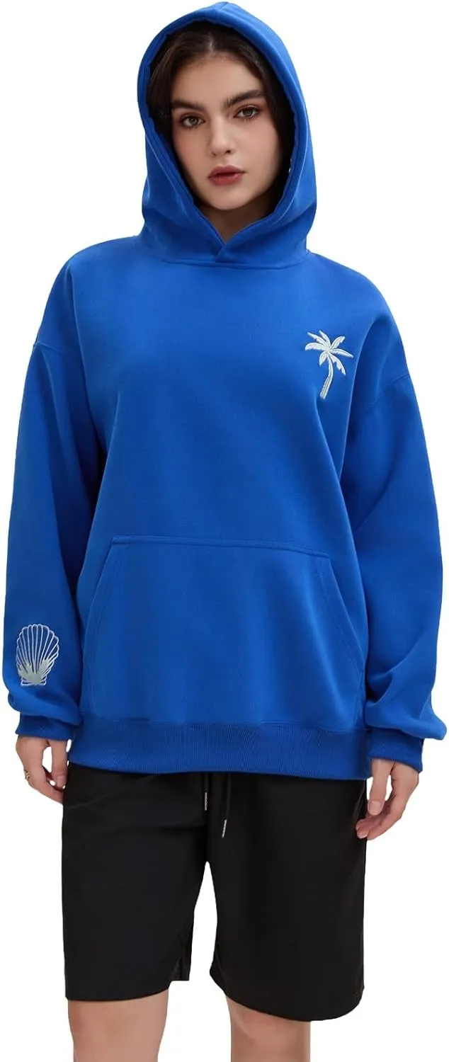 Pink Embroidered Palm Tree Hooded Sweatshirt Cute Girls Oversized Sweatshirt Hibiscus Flower Printed Cotton Top