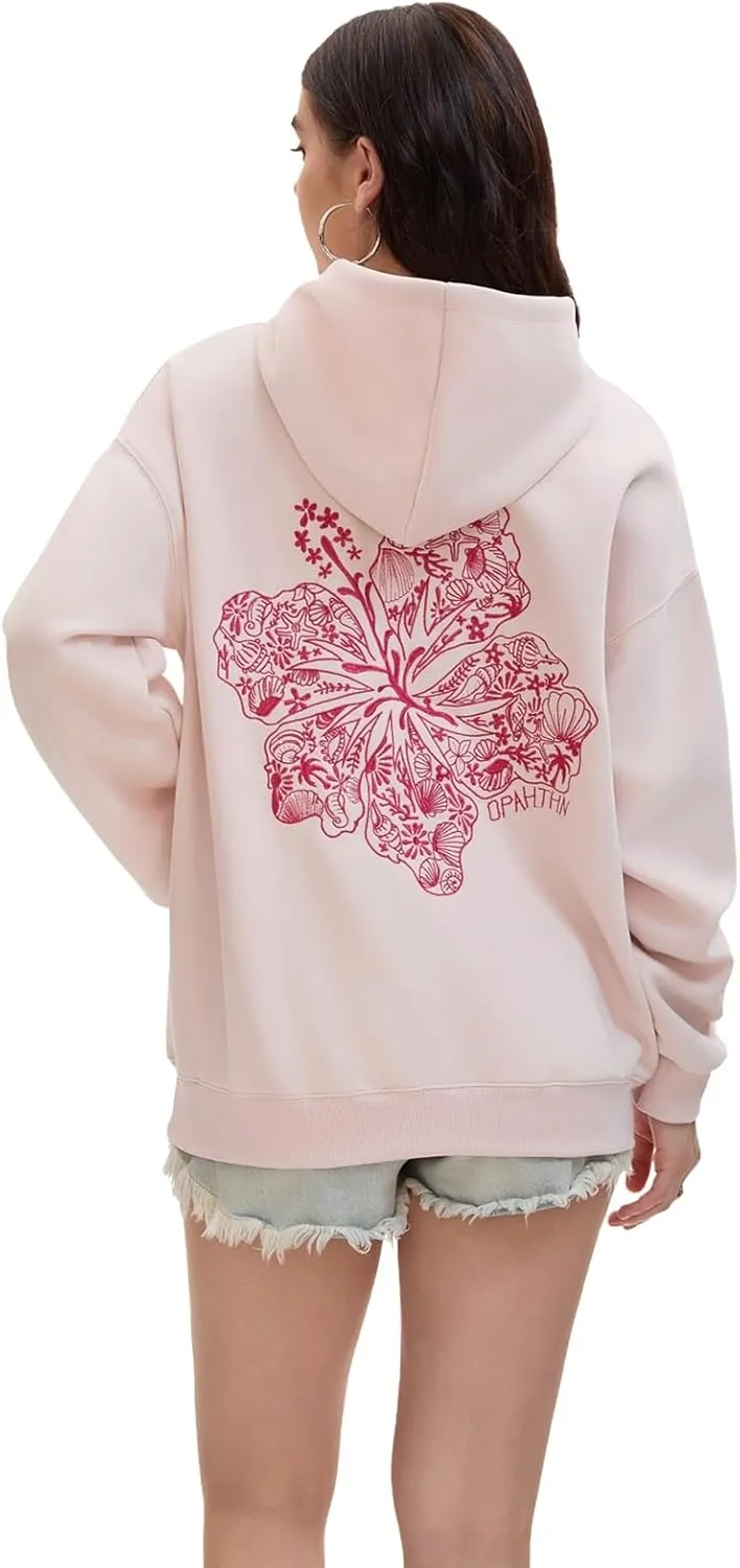Pink Embroidered Palm Tree Hooded Sweatshirt Cute Girls Oversized Sweatshirt Hibiscus Flower Printed Cotton Top