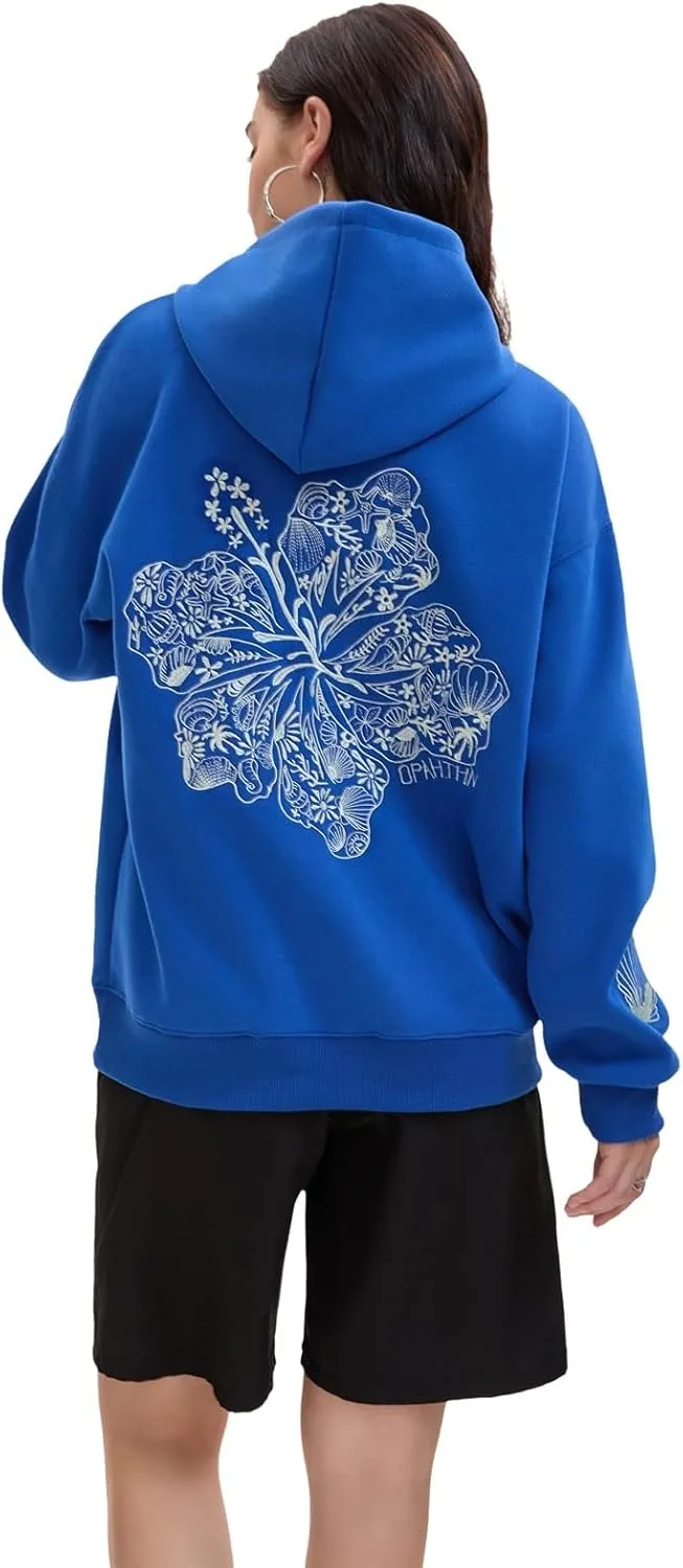Pink Embroidered Palm Tree Hooded Sweatshirt Cute Girls Oversized Sweatshirt Hibiscus Flower Printed Cotton Top