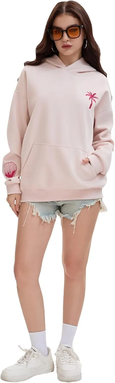 Pink Embroidered Palm Tree Hooded Sweatshirt Cute Girls Oversized Sweatshirt Hibiscus Flower Printed Cotton Top