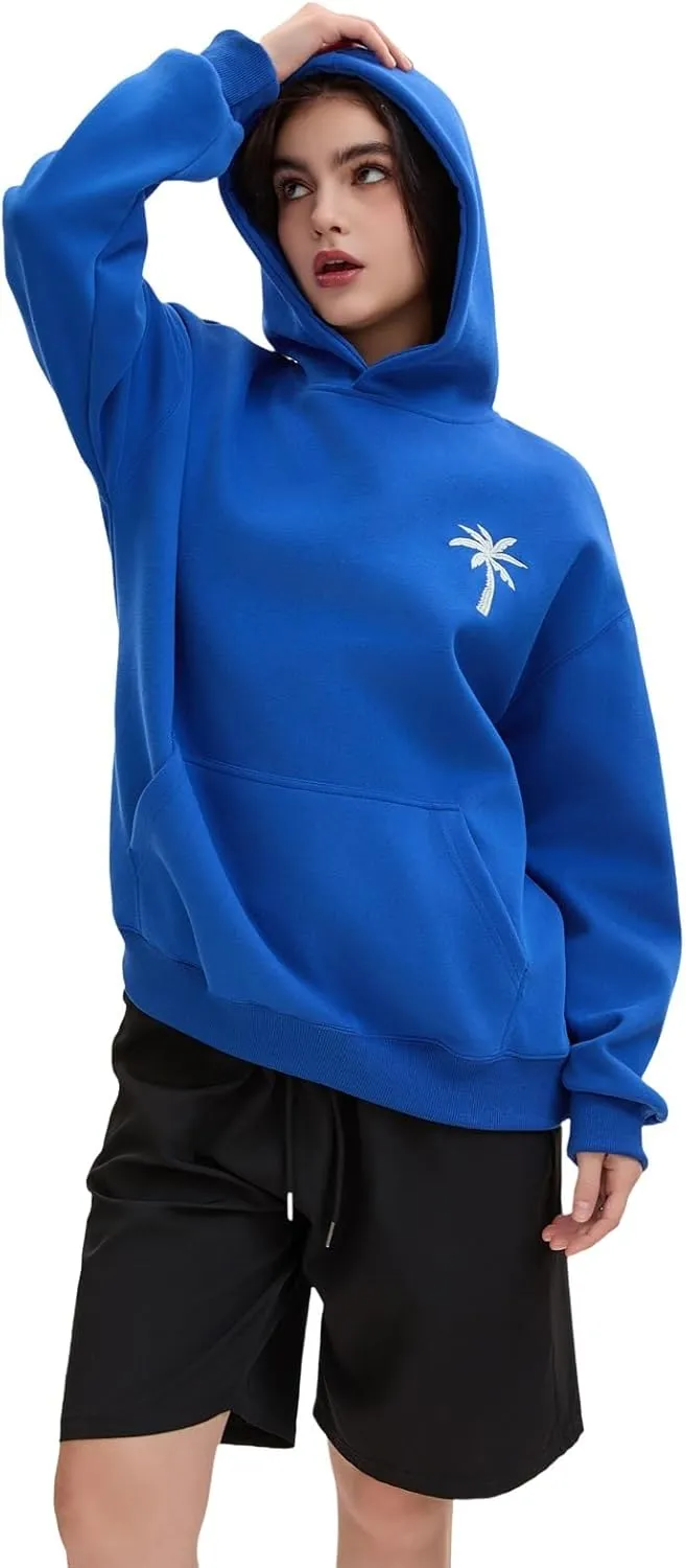 Pink Embroidered Palm Tree Hooded Sweatshirt Cute Girls Oversized Sweatshirt Hibiscus Flower Printed Cotton Top