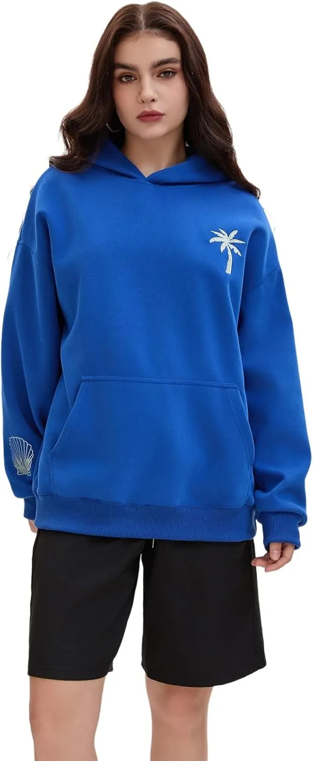 Pink Embroidered Palm Tree Hooded Sweatshirt Cute Girls Oversized Sweatshirt Hibiscus Flower Printed Cotton Top