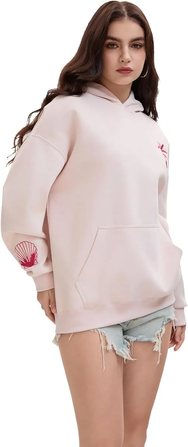 Pink Embroidered Palm Tree Hooded Sweatshirt Cute Girls Oversized Sweatshirt Hibiscus Flower Printed Cotton Top