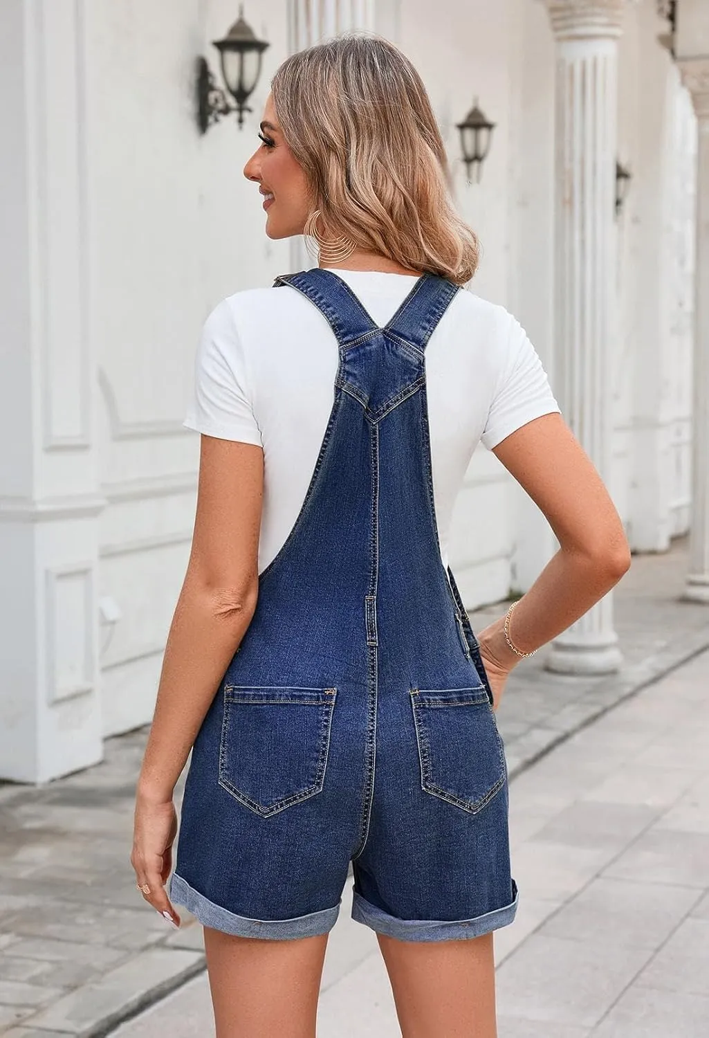 Pink Queen Women's Denim Shortalls Casual Adjustable Straps High Waist Bib Jeans Overalls Shorts Romper with Pockets